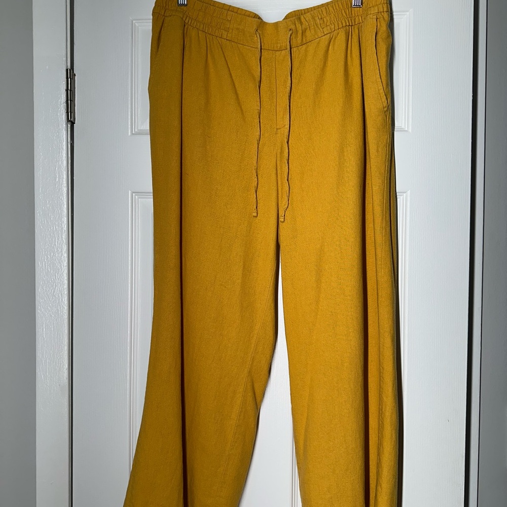High Waisted Mustard Yellow Linen Wide Leg Pants